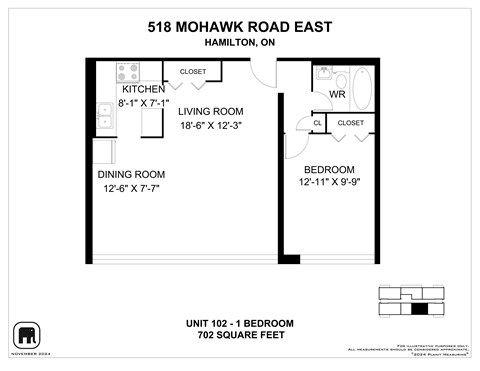 A floor plan for a 702 square foot apartment at 518 Mohawk Road East in Hamilton, ON.